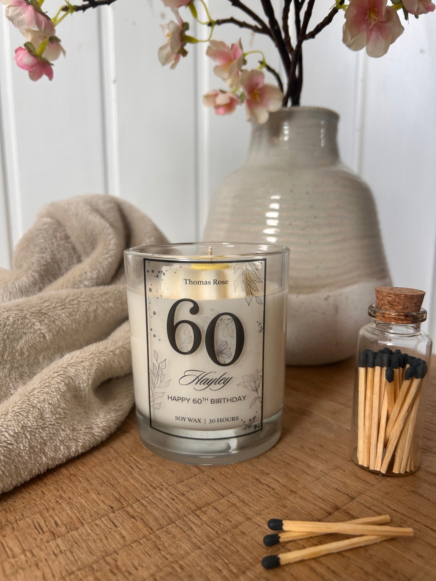 60 Birthday Personalised Floral Candle  - Any Age
